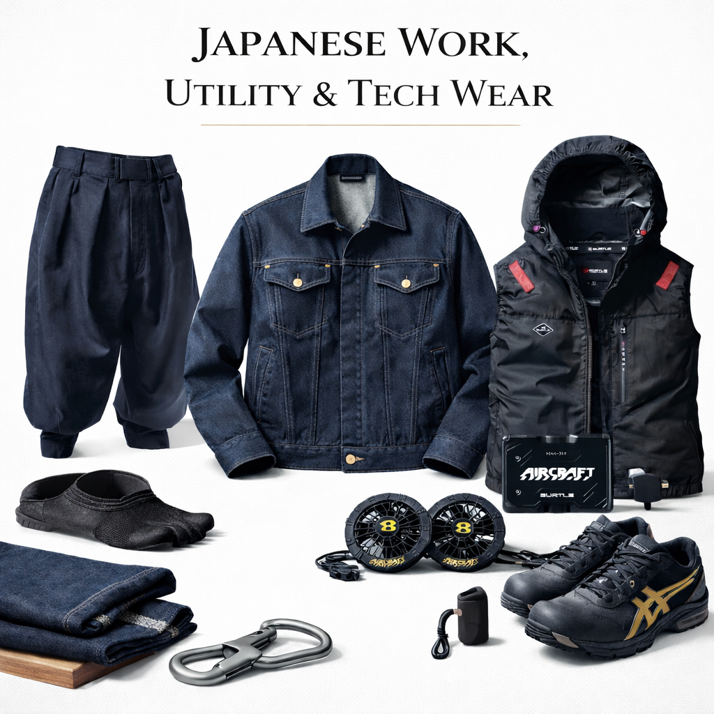 Premium collage of Japanese workwear, utility garments and technical fashion items on white background