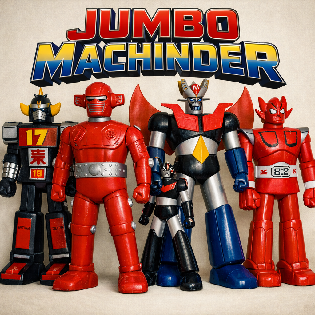 Luxury vintage Jumbo Machinder robot figures displayed in refined archival composition