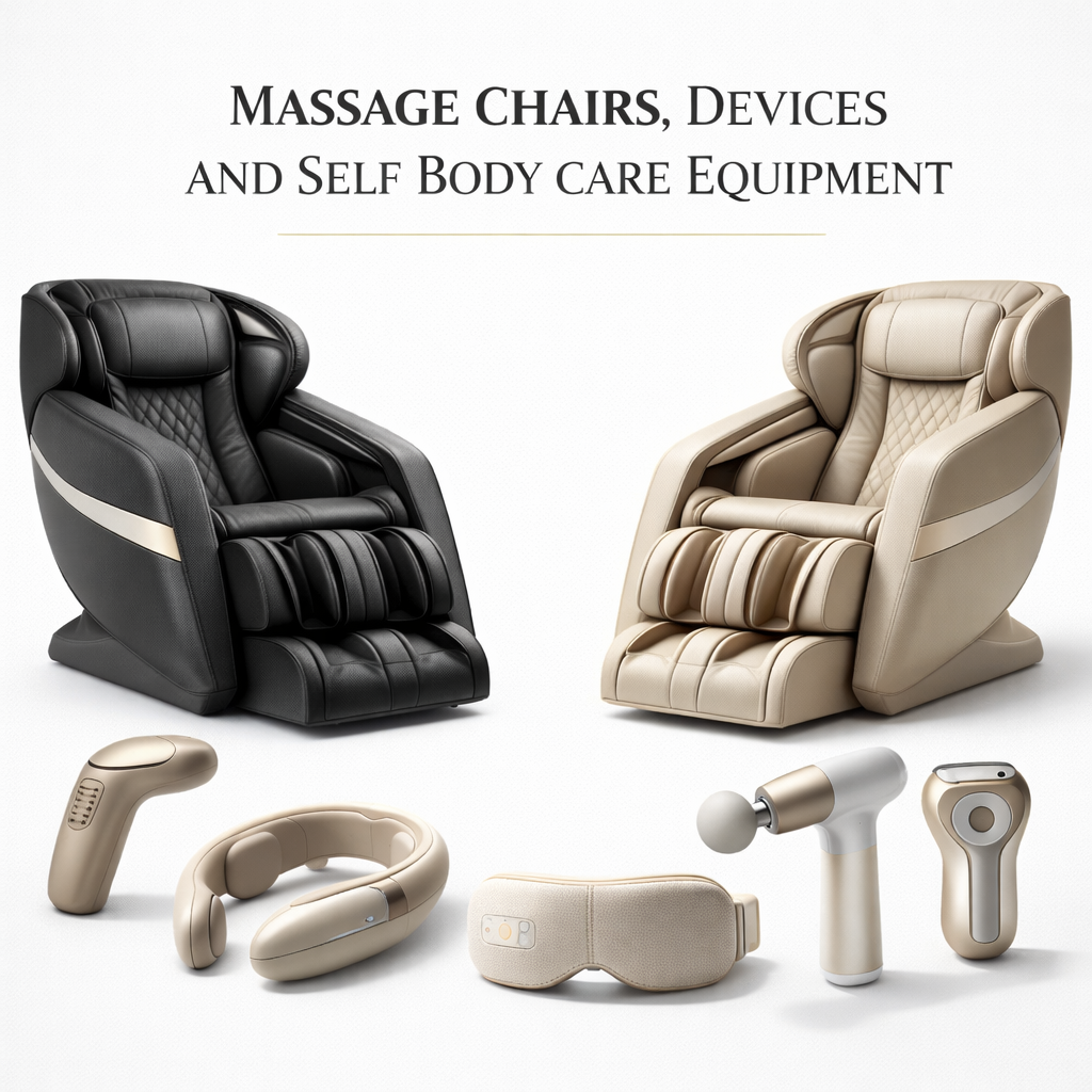 Luxury massage chairs and Japanese wellness devices arranged in refined white studio collage