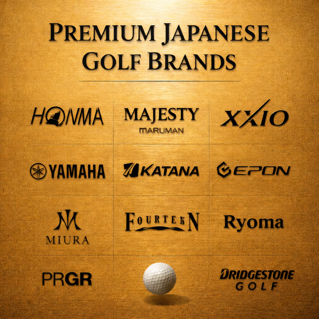 Premium Japanese golf brand logos in black embossed grid on brushed gold background with centered golf ball