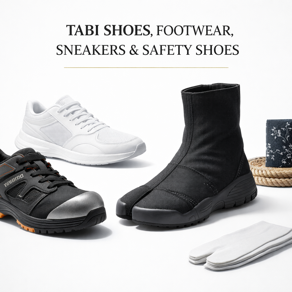 Luxury collage of Japanese tabi boots, sneakers and safety footwear on white studio background