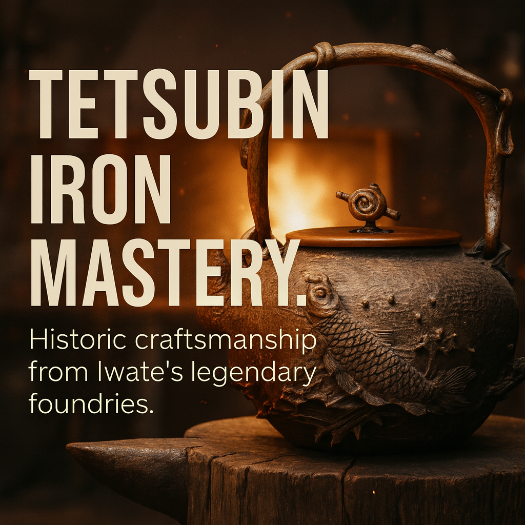 Japanese tetsubin cast-iron kettle on a wooden tray with steam rising in warm tea-room lighting, showcasing traditional Nambu metal craftsmanship.