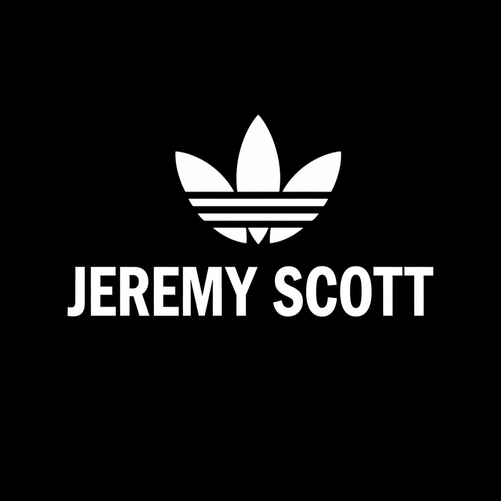 Jeremy Scott wordmark in white on black square background, monochrome contemporary fashion designer brand plate