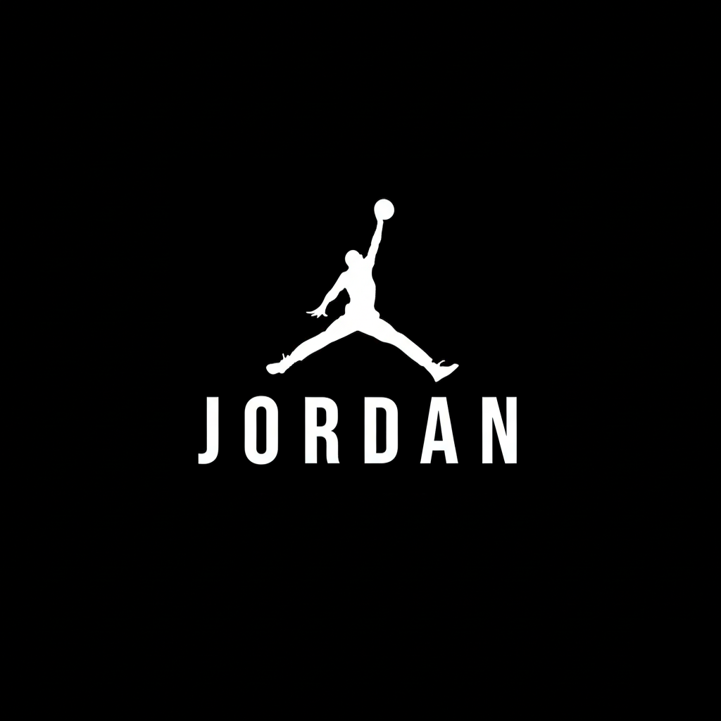 Jordan Jumpman logo and wordmark in white on black square background, monochrome basketball brand banner