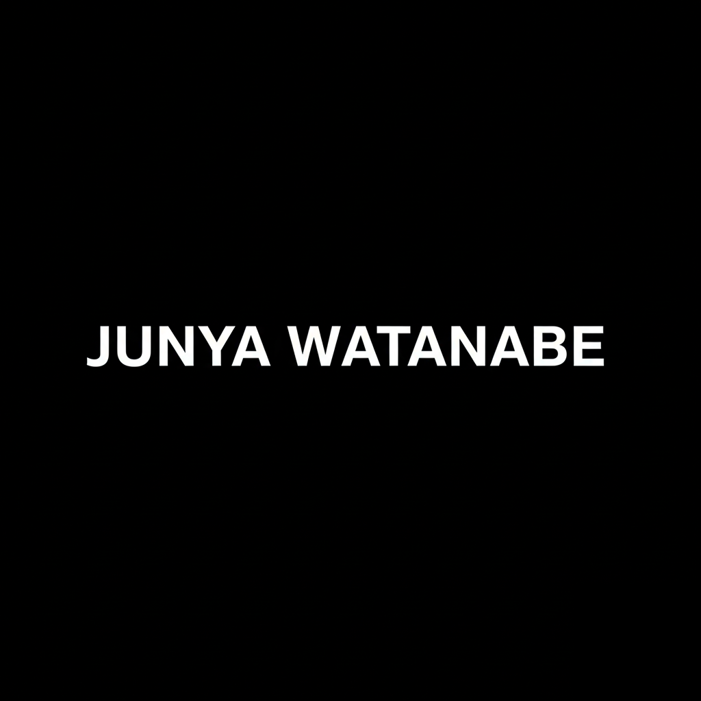 Junya Watanabe wordmark in white on black square background, monochrome avant garde designer brand plate