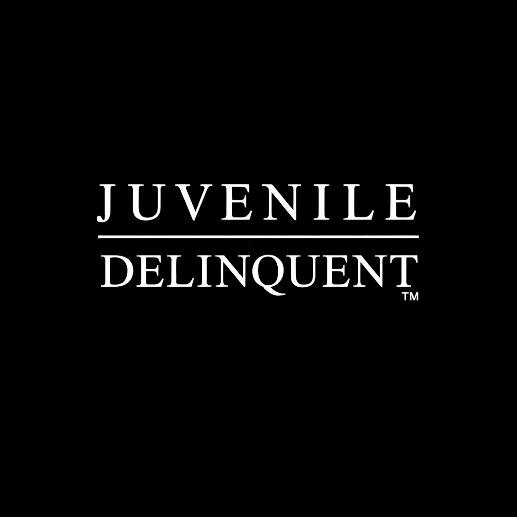 Juvenile Delinquent serif wordmark with divider line and TM in white on black square background, monochrome label style brand plate
