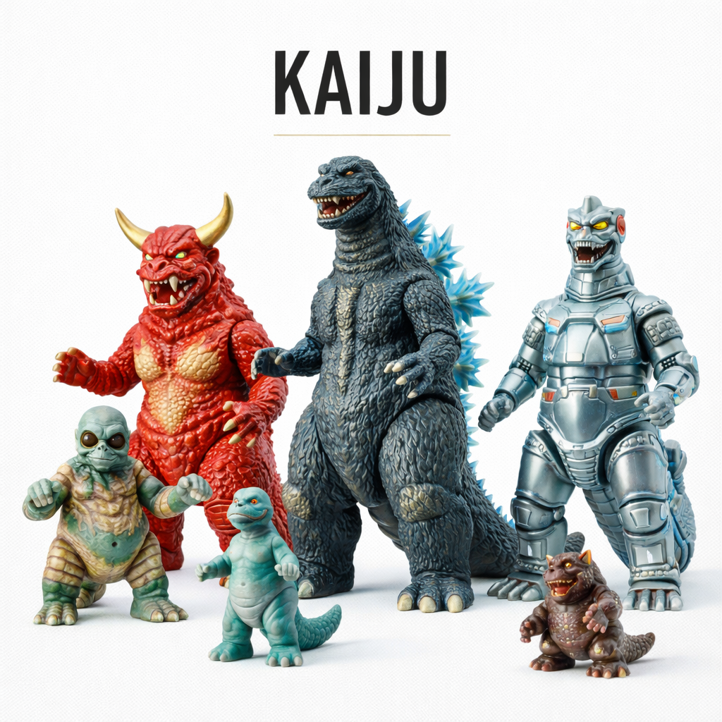 Luxury Kaiju soft vinyl monster collectible figures arranged in refined white studio composition