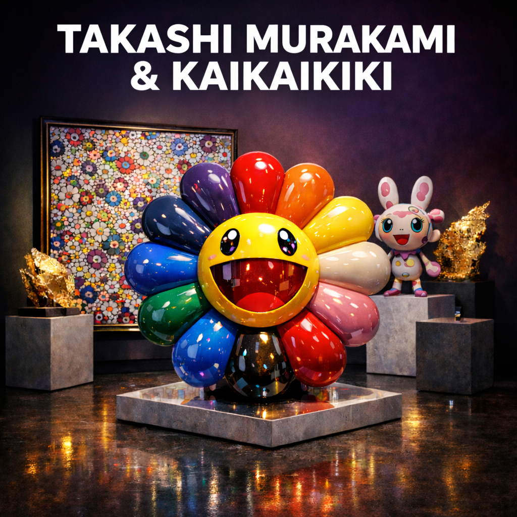 Colorful Takashi Murakami Superflat flower sculpture displayed in gallery space with Kaikai Kiki character figure and floral artwork in background