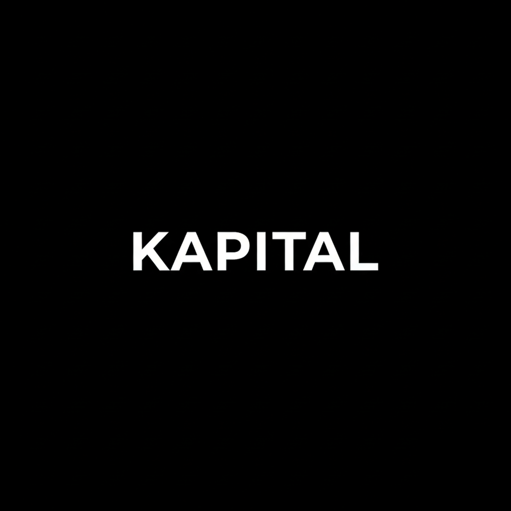 KAPITAL wordmark in white on black square background, monochrome Japanese denim and fashion brand plate