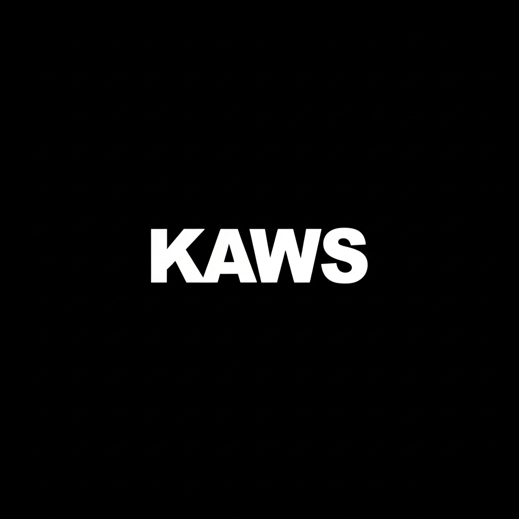 KAWS wordmark in white on black square background, monochrome contemporary artist brand banner