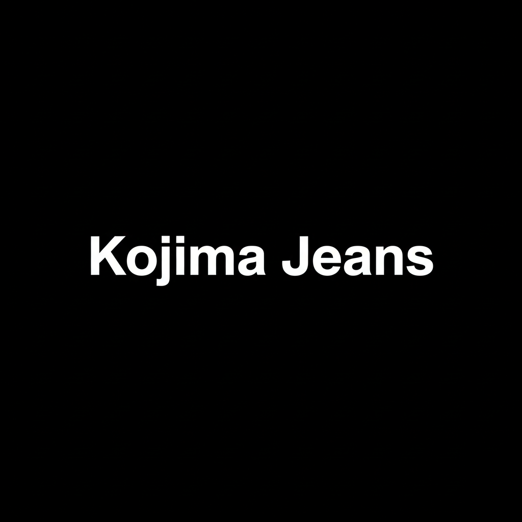 Kojima Jeans wordmark in white on black square background, monochrome Japanese denim brand plate