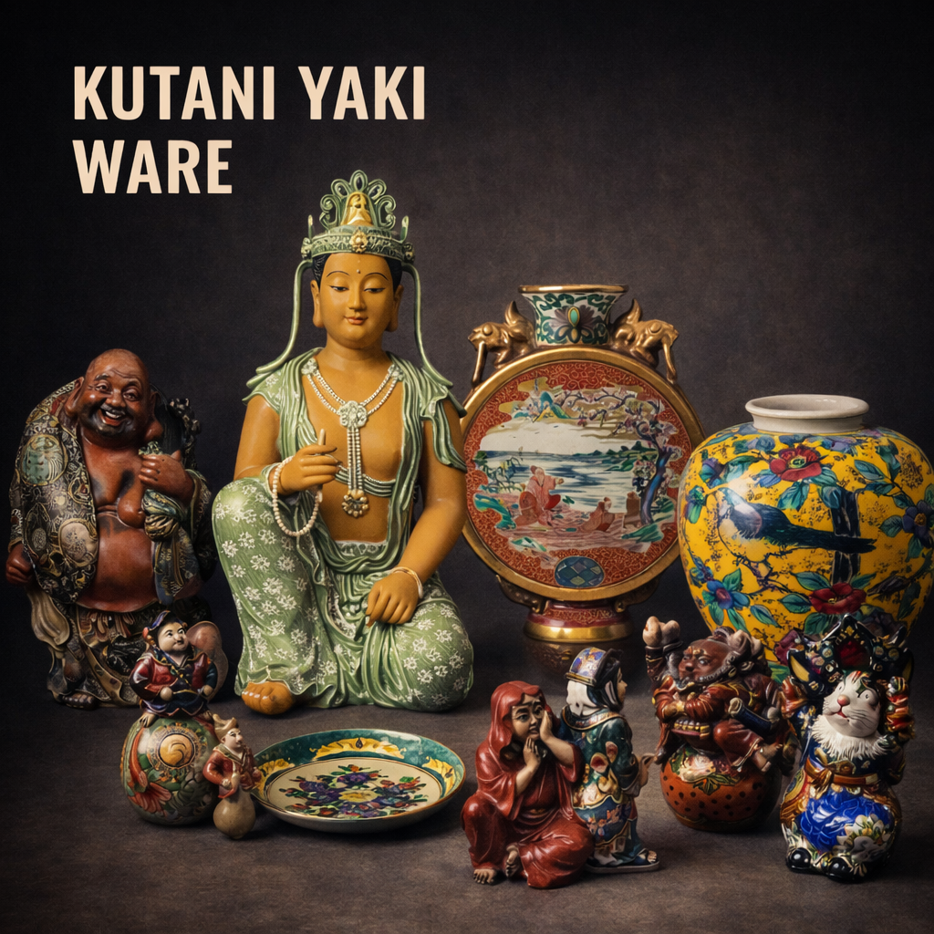 Curated Kutani Yaki ware collection displayed in museum-style setting featuring porcelain vases, figurines and enamel-decorated ceramics