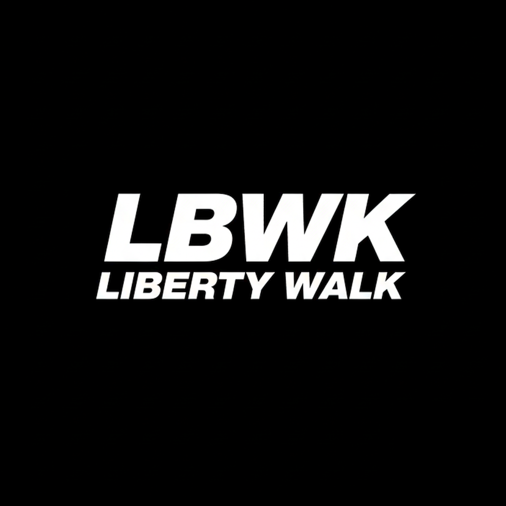Liberty Walk LBWK wordmark in white on black square background, monochrome Japanese automotive culture brand plate