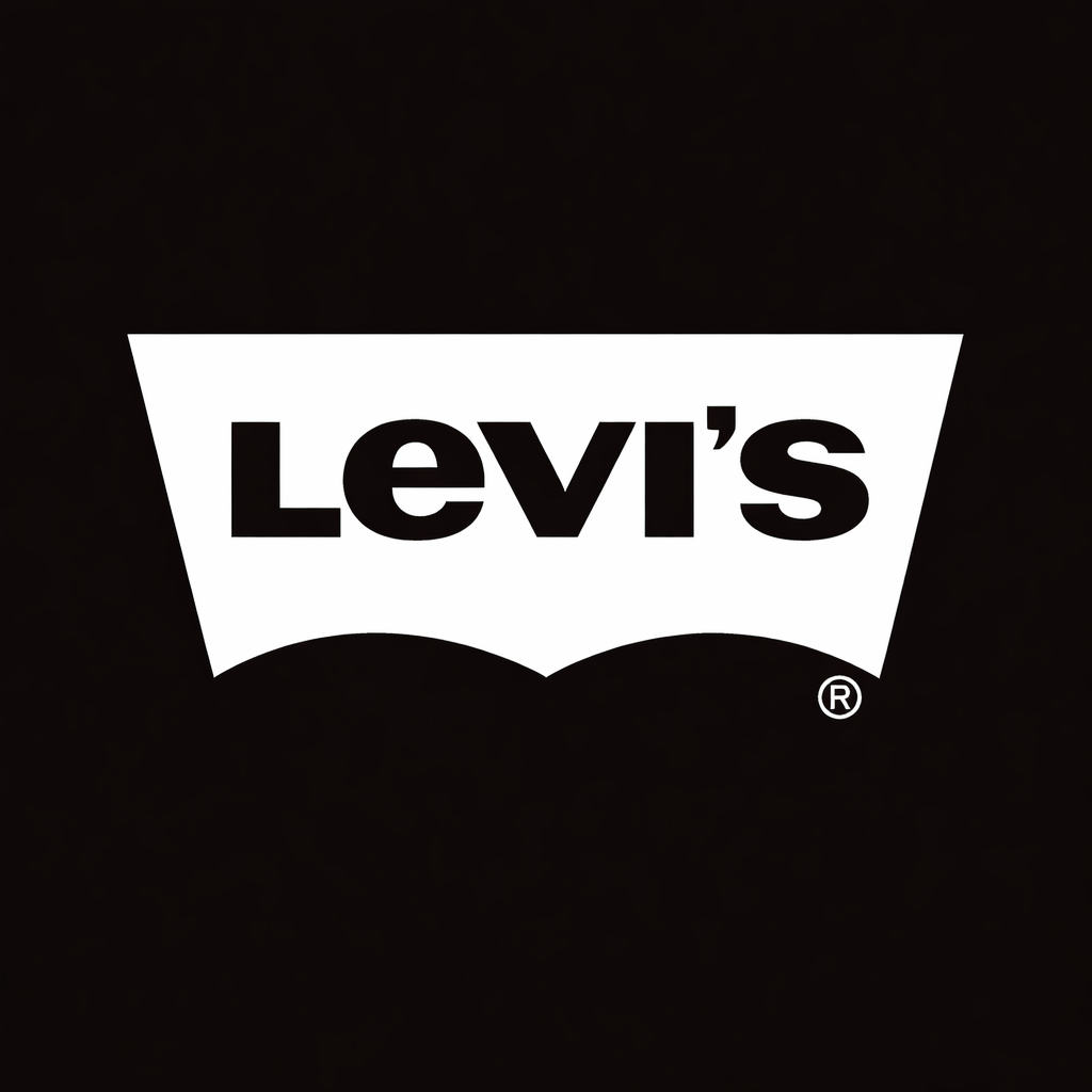 Levi’s batwing logo and wordmark in white on black square background, monochrome heritage denim brand banner