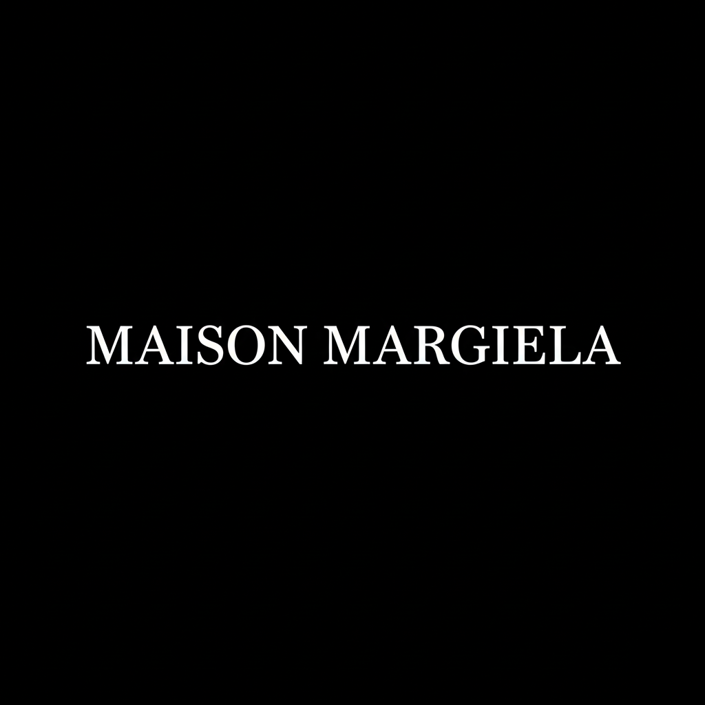 Maison Margiela wordmark in white on black square background, minimalist monochrome luxury fashion banner