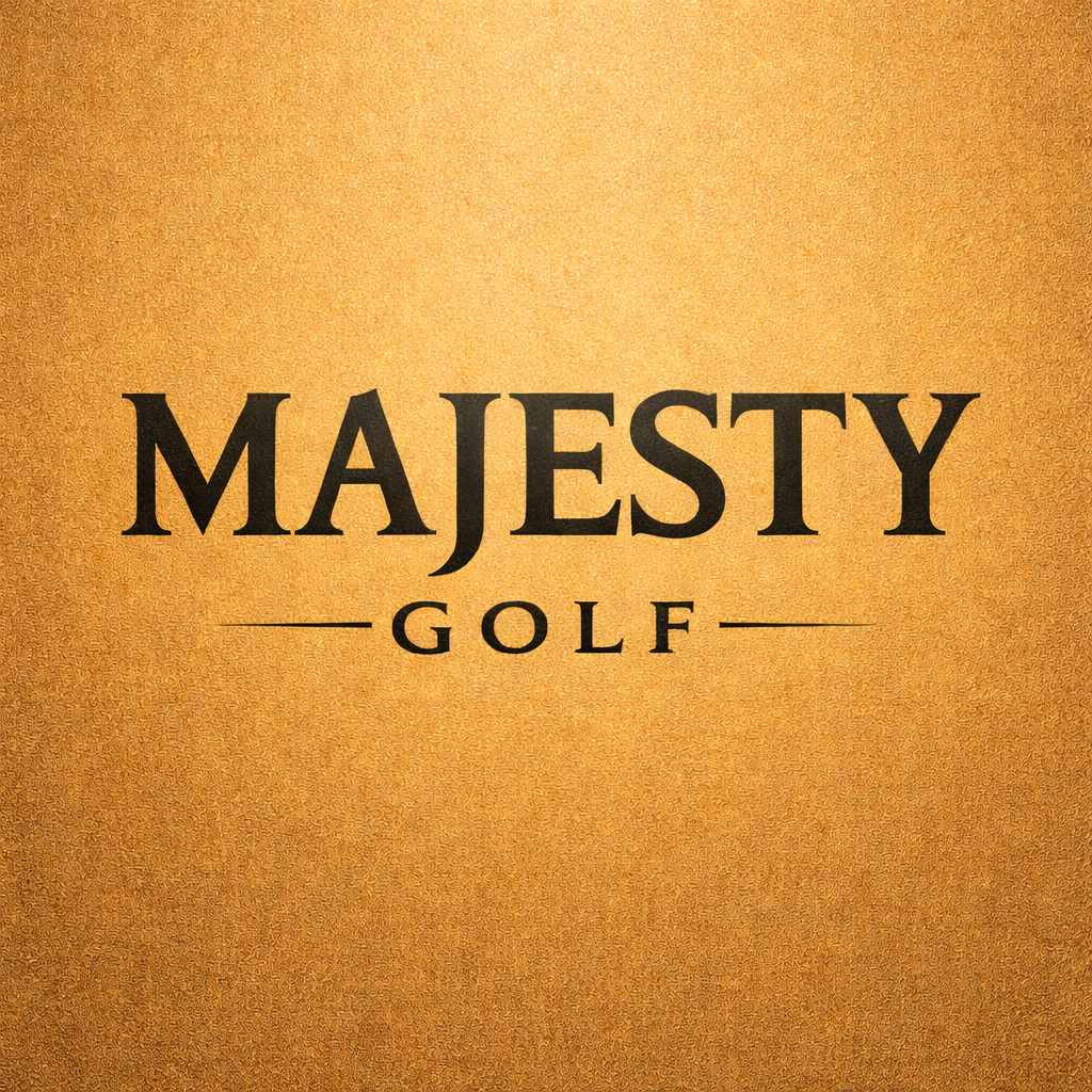Black serif MAJESTY GOLF logo embossed over matte antique gold foil texture with subtle spotlight and luxury archive styling.