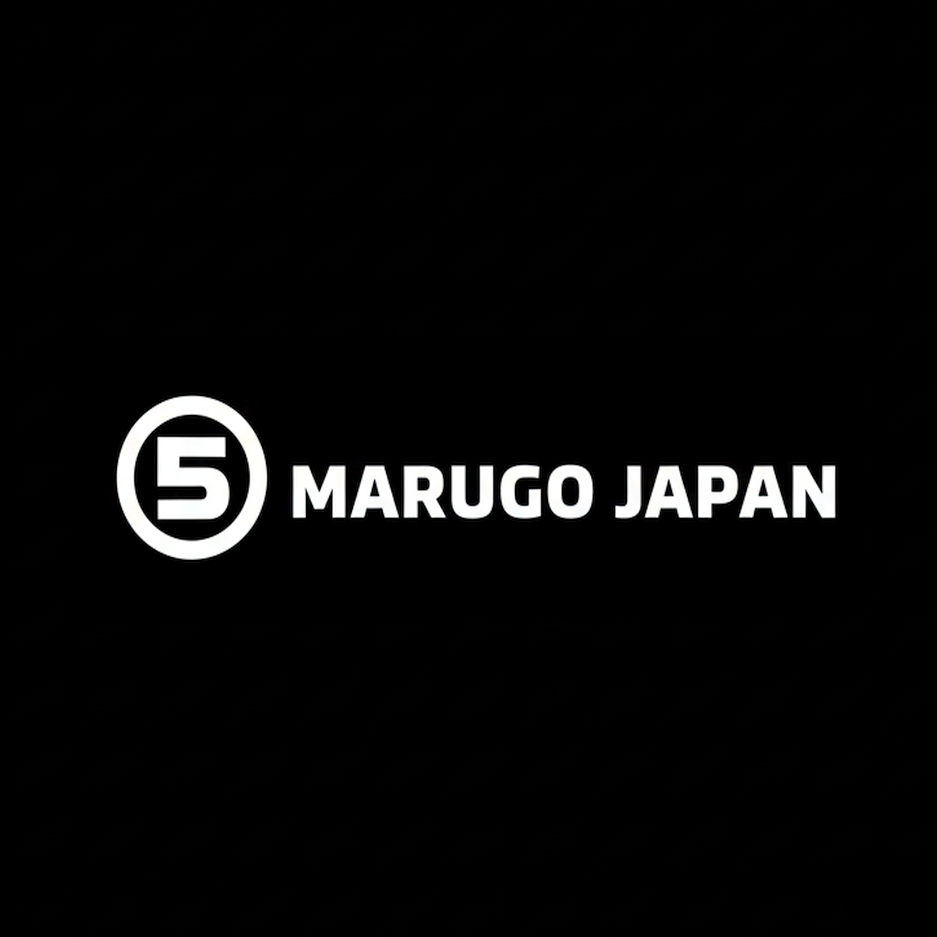 Marugo Japan circular number 5 logo and wordmark in white on black square background, monochrome Japanese footwear brand plate