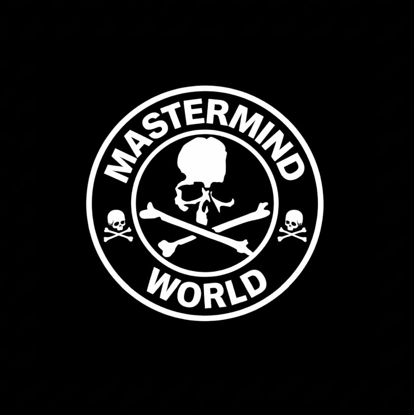 Mastermind Japan skull logo and wordmark in white on black square background, monochrome streetwear brand plate
