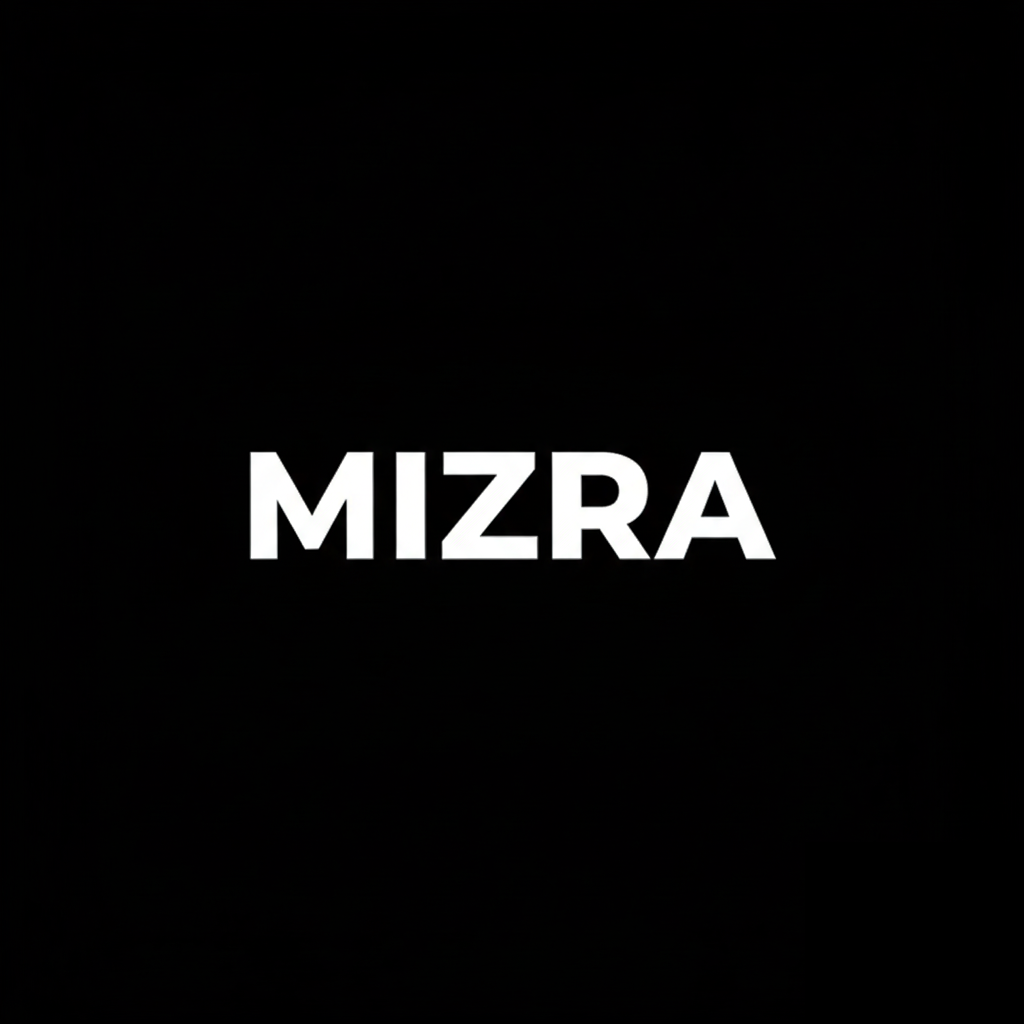 MIZRA wordmark in white on black square background, monochrome Kyoto fashion brand plate