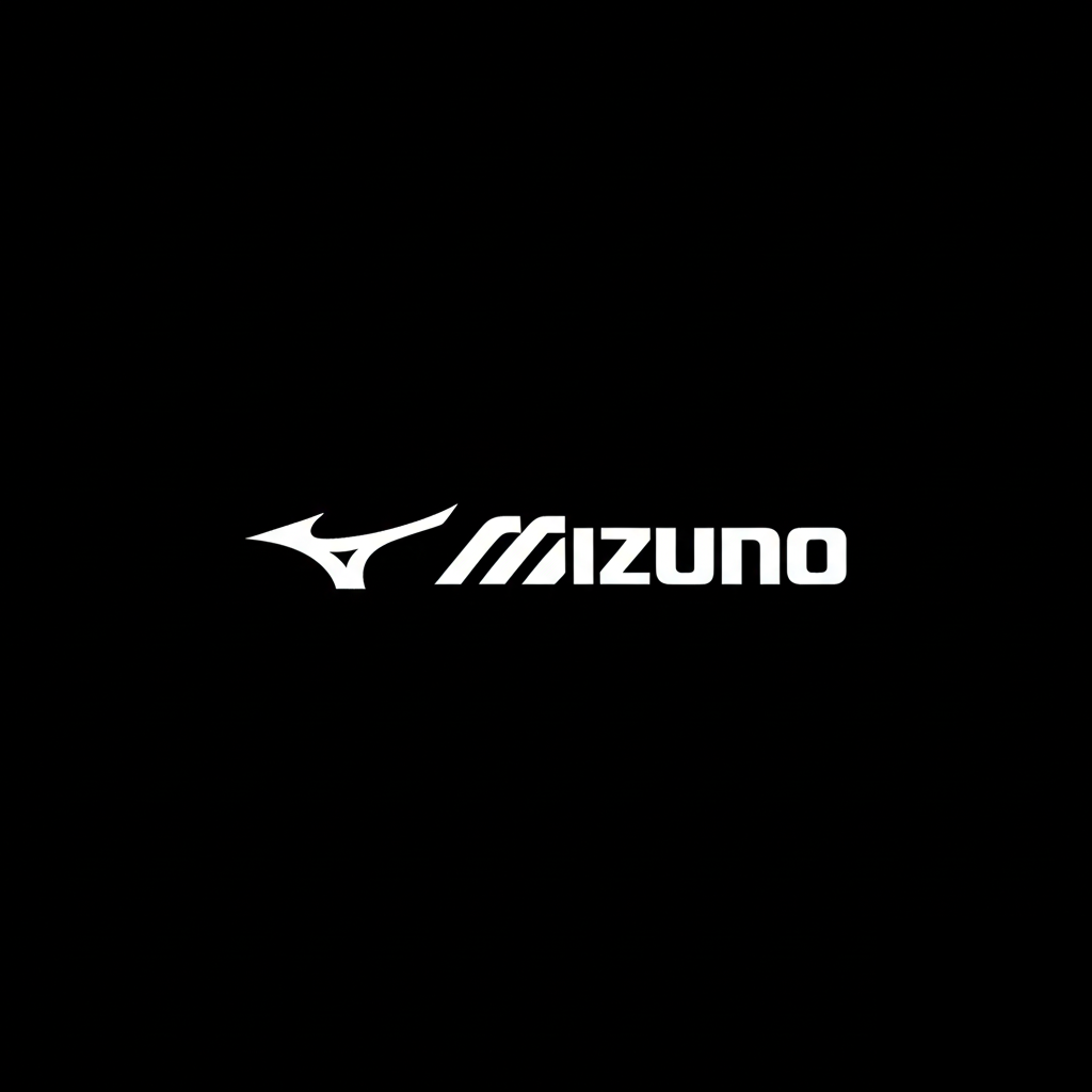 Mizuno Runbird logo and wordmark in white on black square background, monochrome Japanese sportswear brand plate
