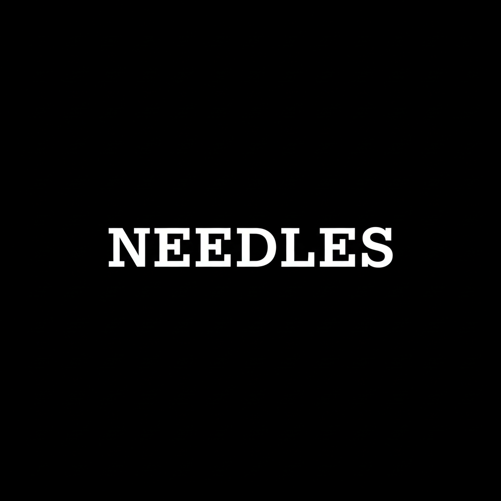 NEEDLES wordmark in white on black square background, monochrome Japanese fashion brand banner