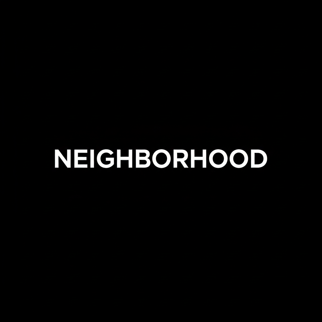 Neighborhood wordmark in white on black square background, monochrome Japanese streetwear brand banner