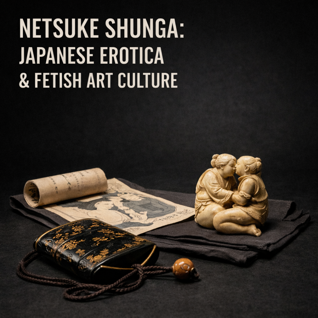 Japanese netsuke carving and Edo woodblock print representing shunga and hidden arts displayed in museum archive setting