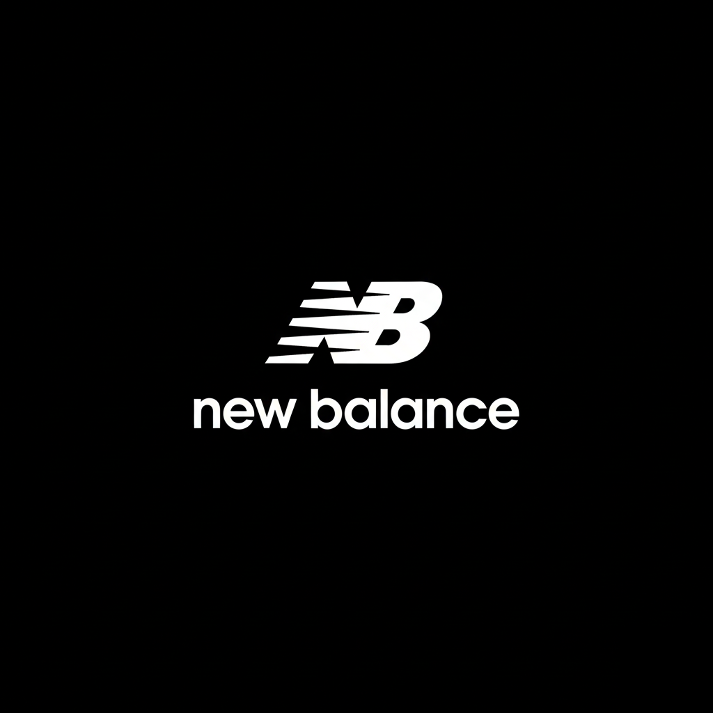 New Balance logo and wordmark in white on black square background, monochrome performance footwear brand plate