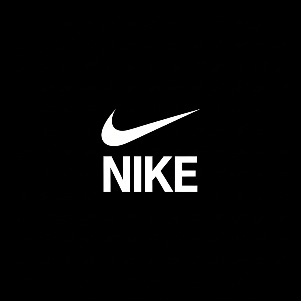 Nike swoosh and wordmark in white on black square background, monochrome global sportswear brand banner
