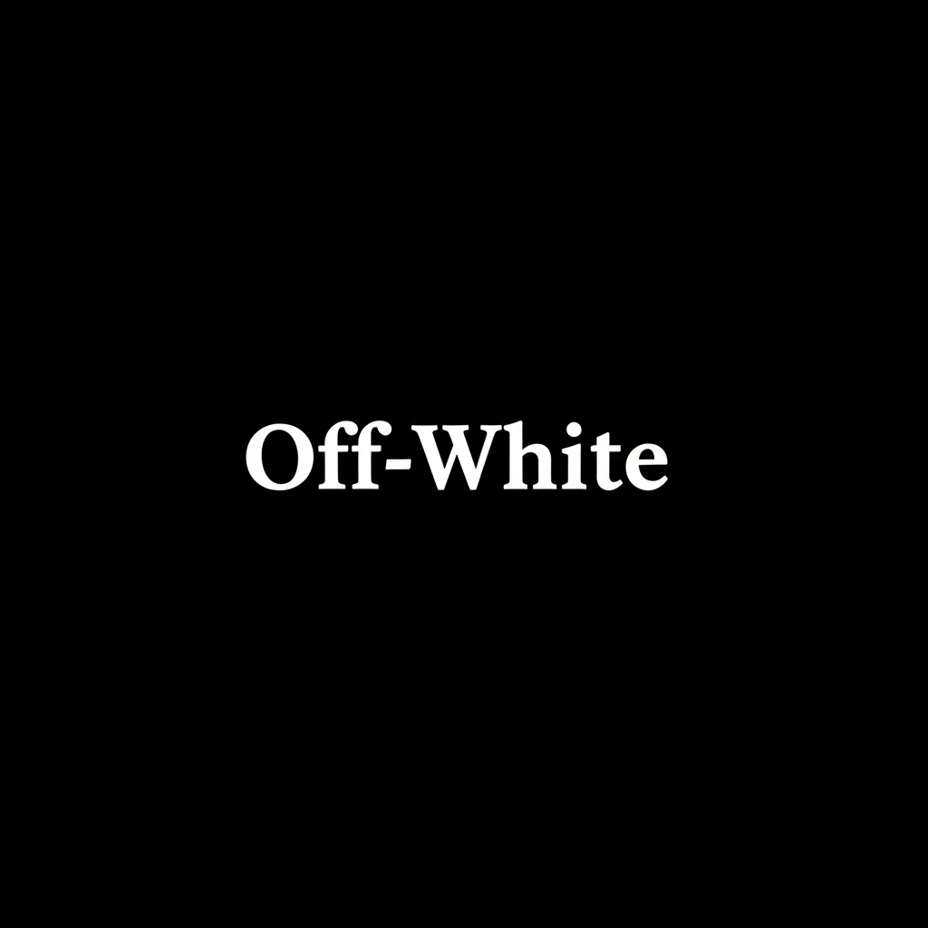 Off-White wordmark and cross arrows logo in white on black square background, monochrome contemporary fashion brand banner