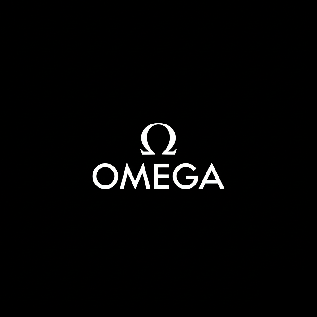 Omega symbol and wordmark in white on black square background, minimalist monochrome Swiss watch brand banner