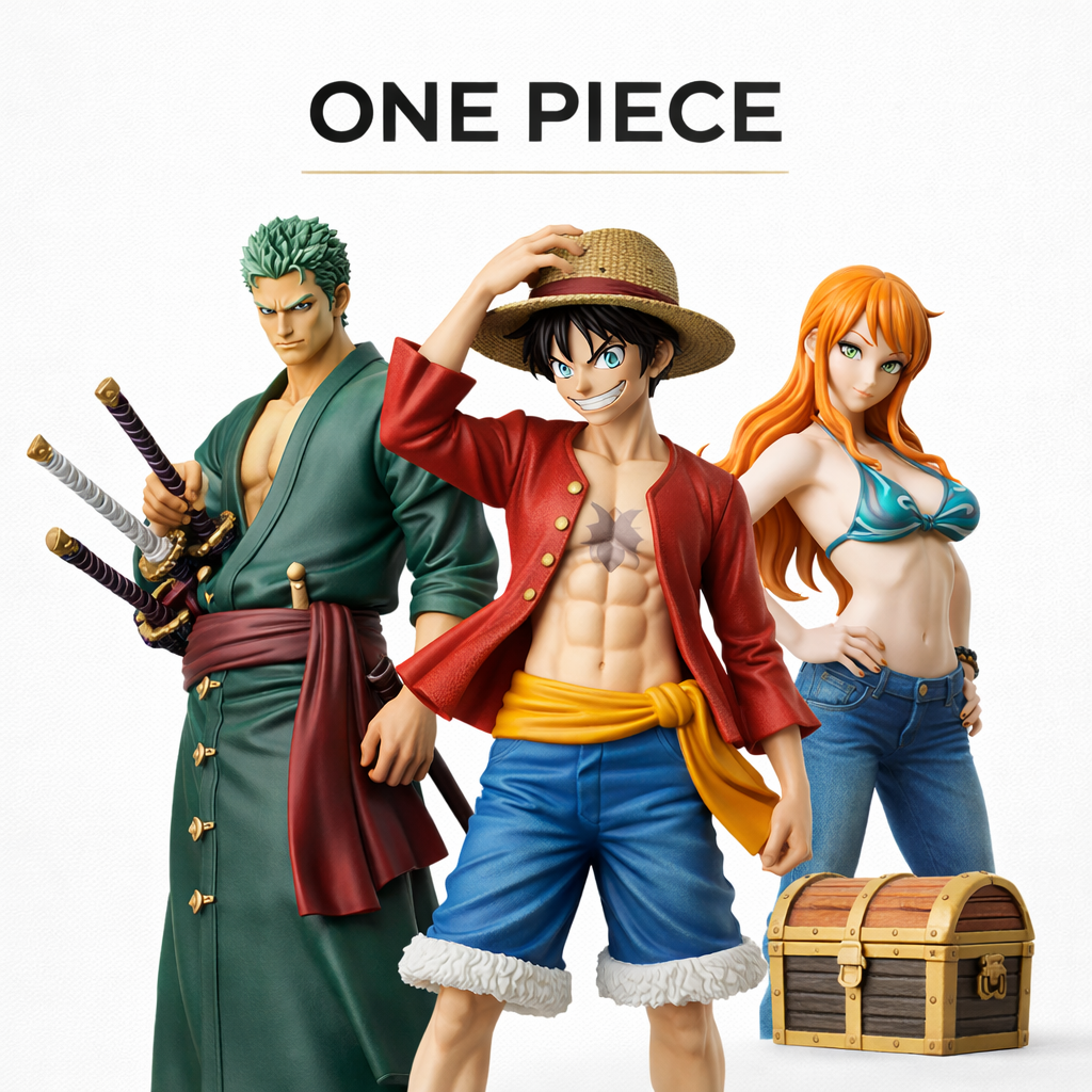 Luxury One Piece anime collectible figures arranged in refined white studio composition