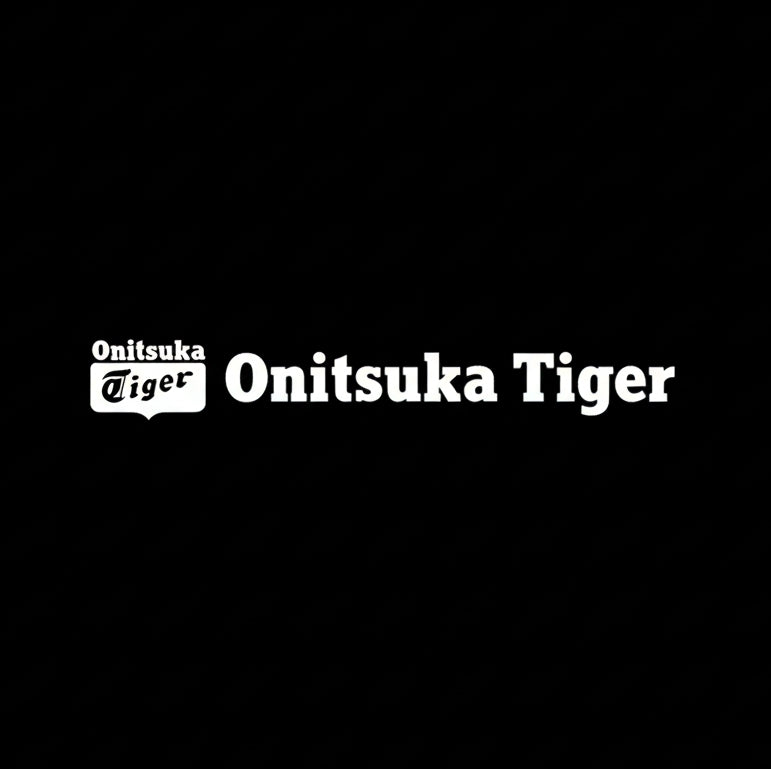 Onitsuka Tiger stripe logo and wordmark in white on black square background, monochrome Japanese sneaker brand plate