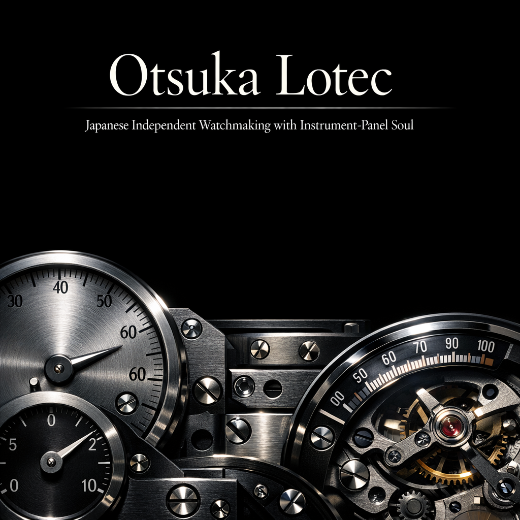 Otsuka Lotec mechanical instrument panel inspired watch components with retrograde gauge arcs and brushed steel precision elements, luxury horology collection banner.