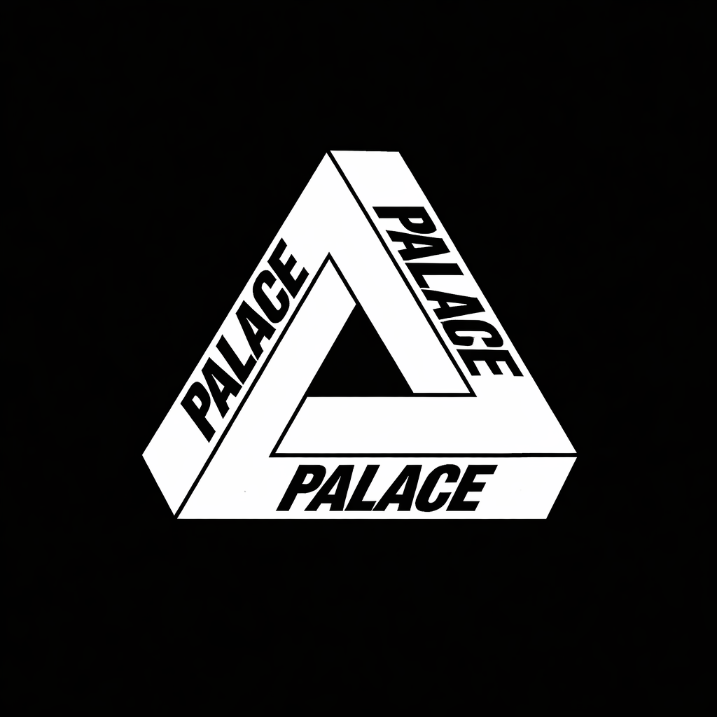 Palace Tri Ferg logo in white on black square background, minimalist monochrome skate brand plate