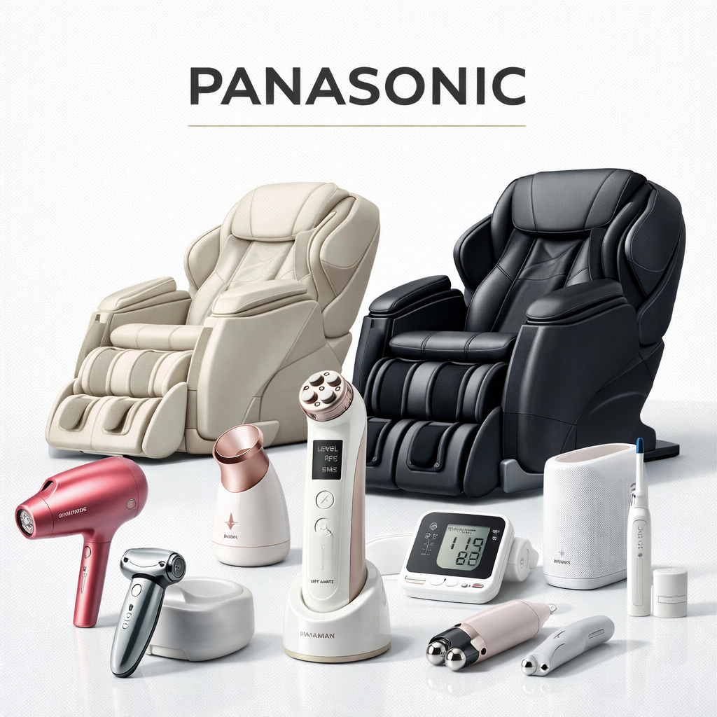 Luxury Panasonic beauty and health collection featuring black and beige massage chairs with advanced wellness devices arranged in refined white studio composition