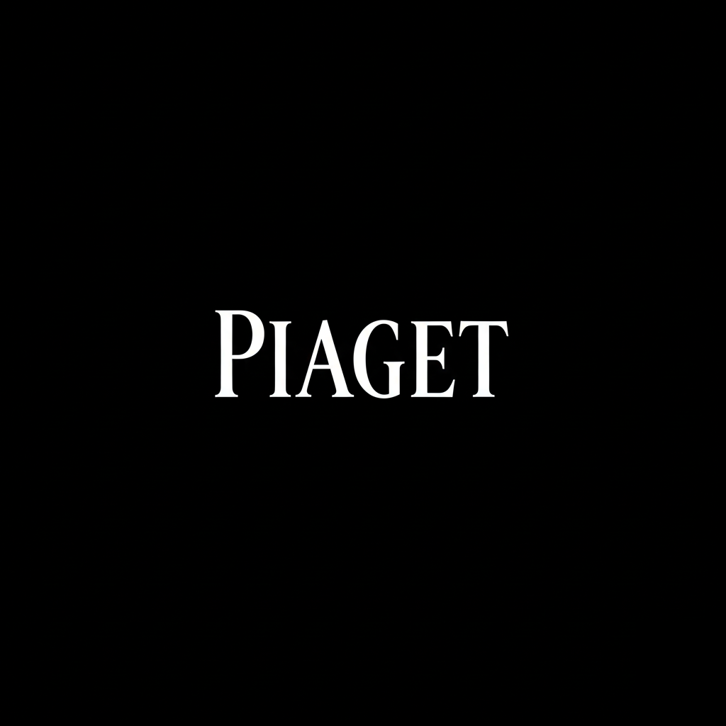 Piaget wordmark in white on black square background, minimalist Swiss luxury brand plate.