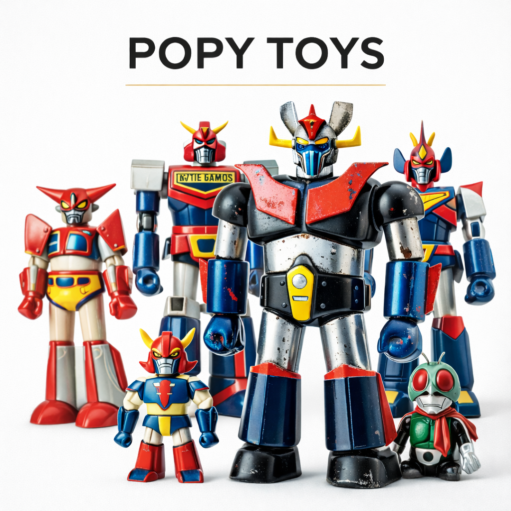 Premium Popy Toys collection featuring vintage Japanese die-cast robots and original packaging on white background