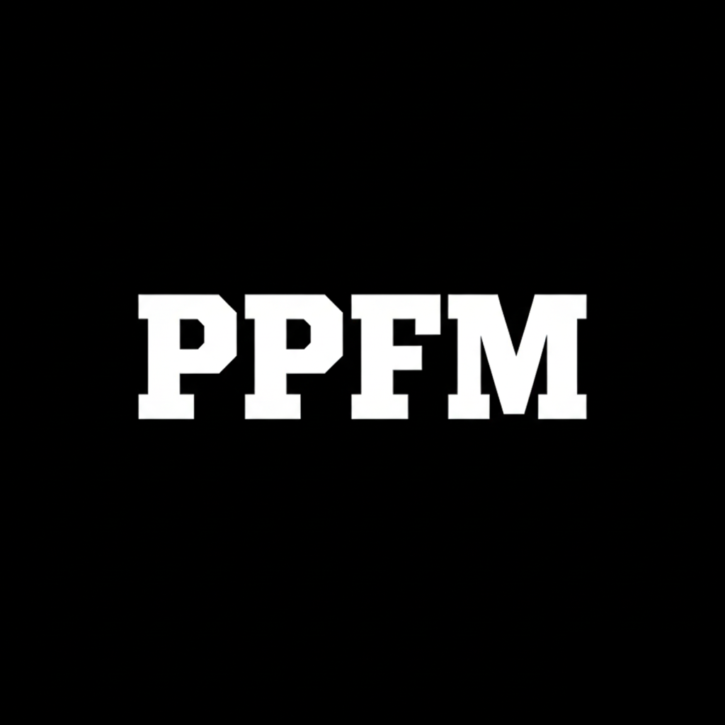 PPFM peyton's place for men wordmark in white on black square background, monochrome Japanese fashion brand banner