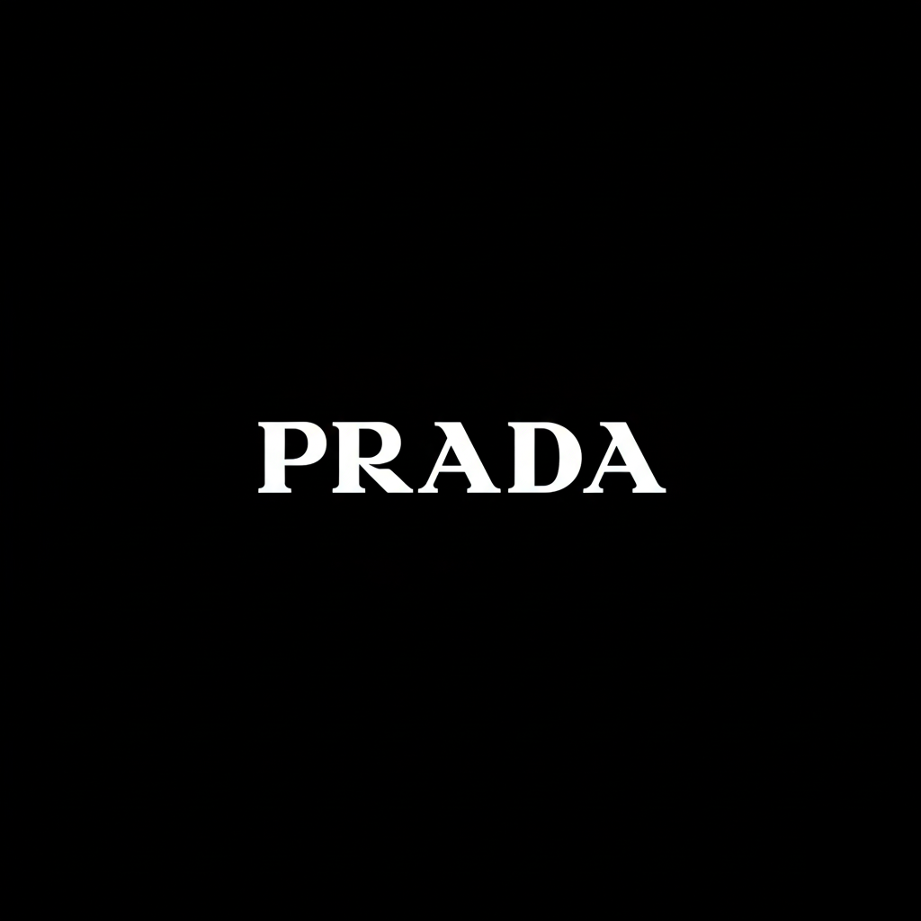 Prada wordmark in white on black square background, clean monochrome Italian luxury brand plate