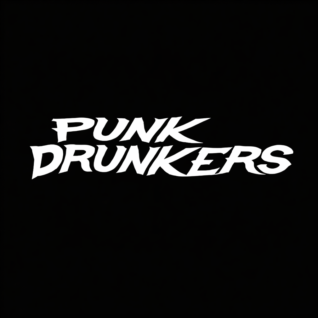 Punk Drunkers wordmark in white on black square background, monochrome Japanese streetwear brand plate