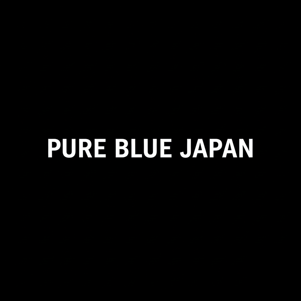 Pure Blue Japan wordmark in white on black square background, minimalist monochrome Japanese denim brand banner