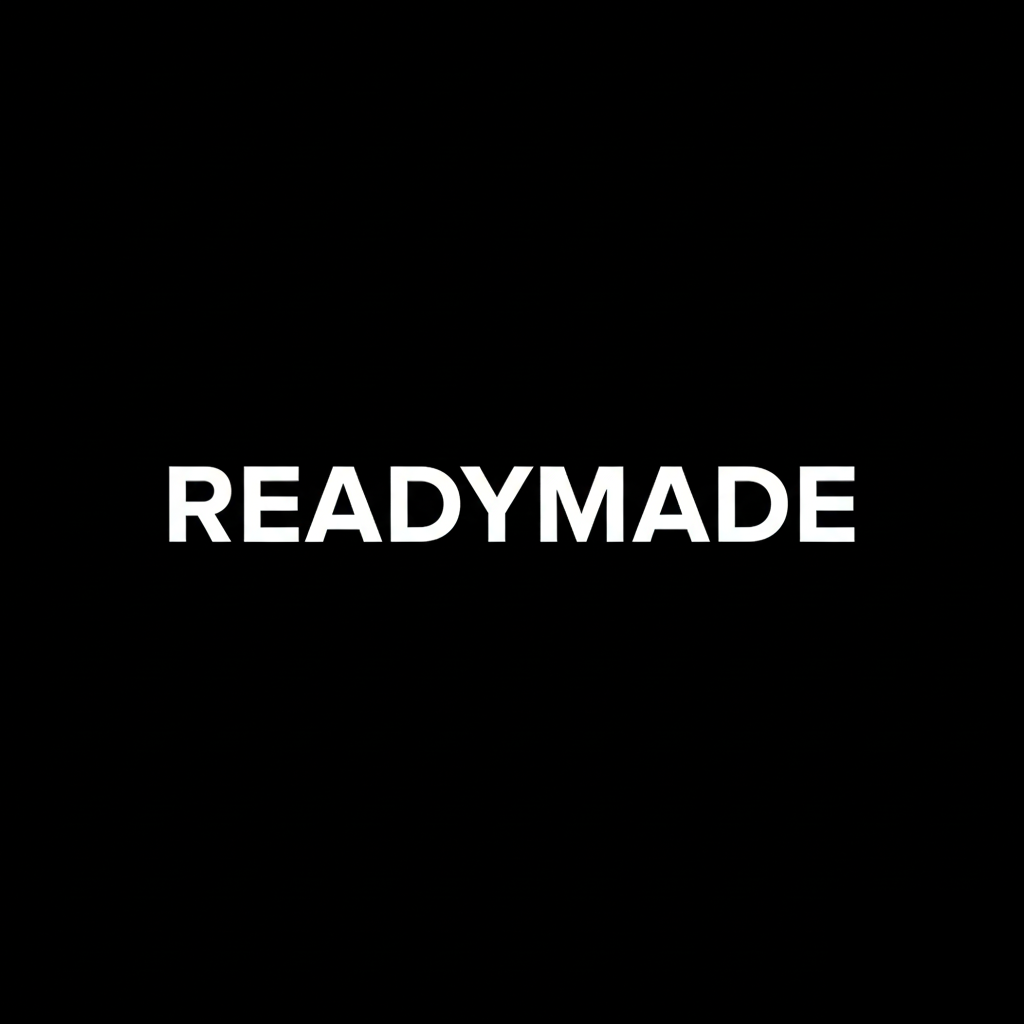READYMADE wordmark in white on black square background, monochrome contemporary Japanese fashion brand plate