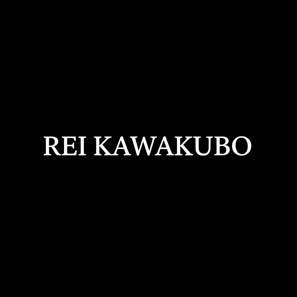 Rei Kawakubo wordmark in white on black square background, minimalist monochrome designer brand plate