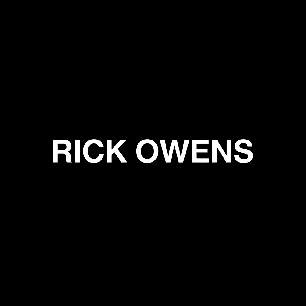 Rick Owens wordmark in white on black square background, monochrome avant garde fashion brand plate