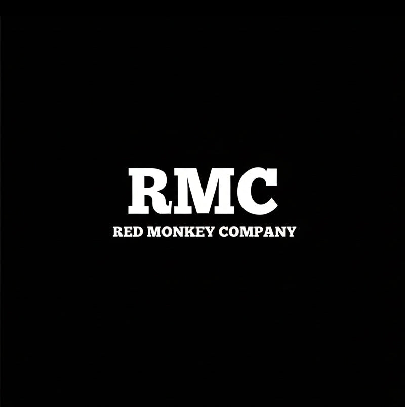 RMC wordmark in white on black square background, monochrome Red Monkey Company denim brand plate