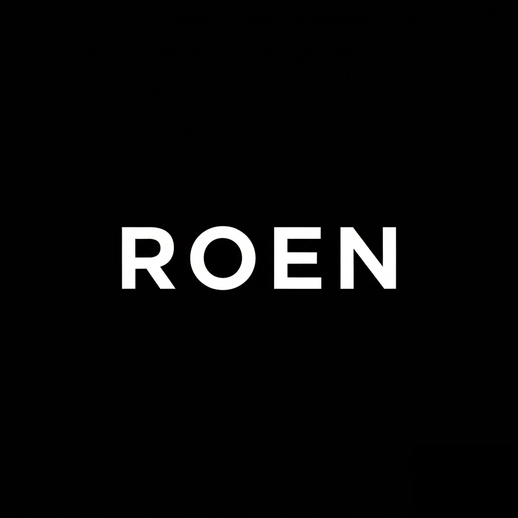 ROEN wordmark in white on black square background, monochrome Japanese fashion brand banner
