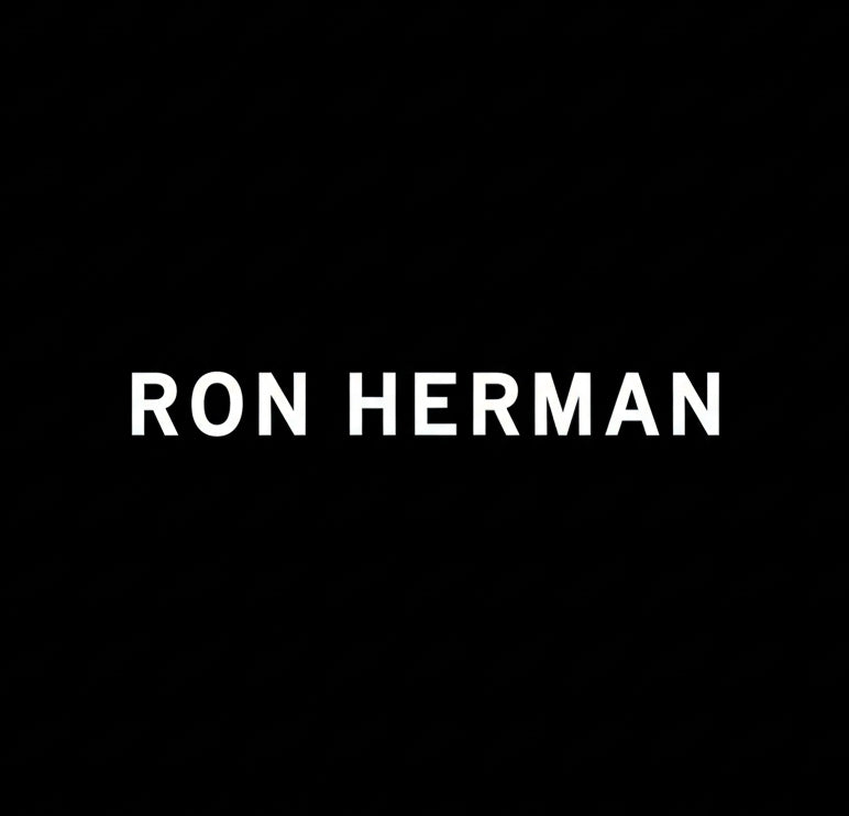Ron Herman wordmark in white on black square background, monochrome contemporary retail fashion brand banner