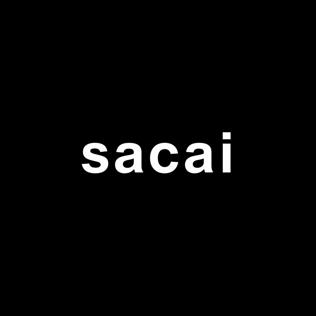 sacai wordmark in white on black square background, monochrome contemporary Japanese fashion brand banner
