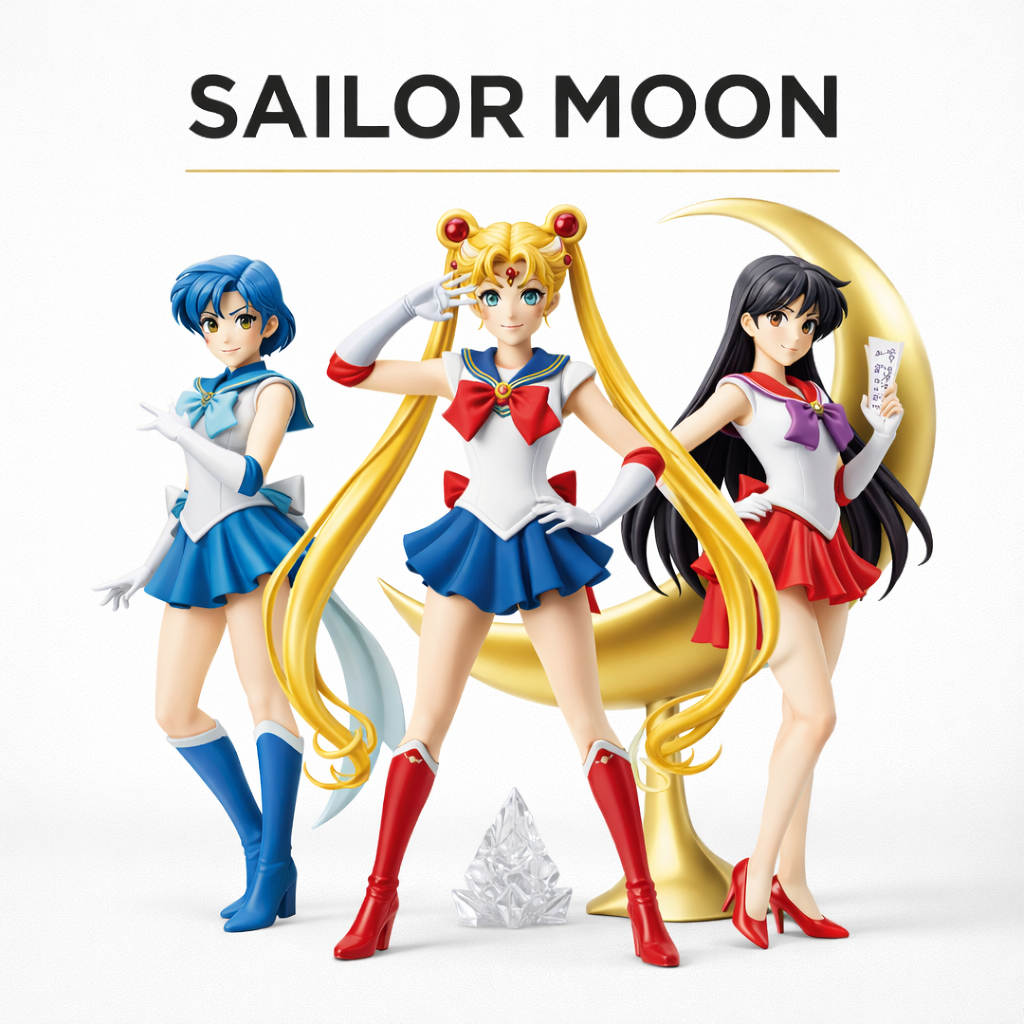 Sailor Moon, Sailor Mercury, and Sailor Mars character figures posed against a white background with crescent moon accent and title header, Japanese anime hero collection banner
